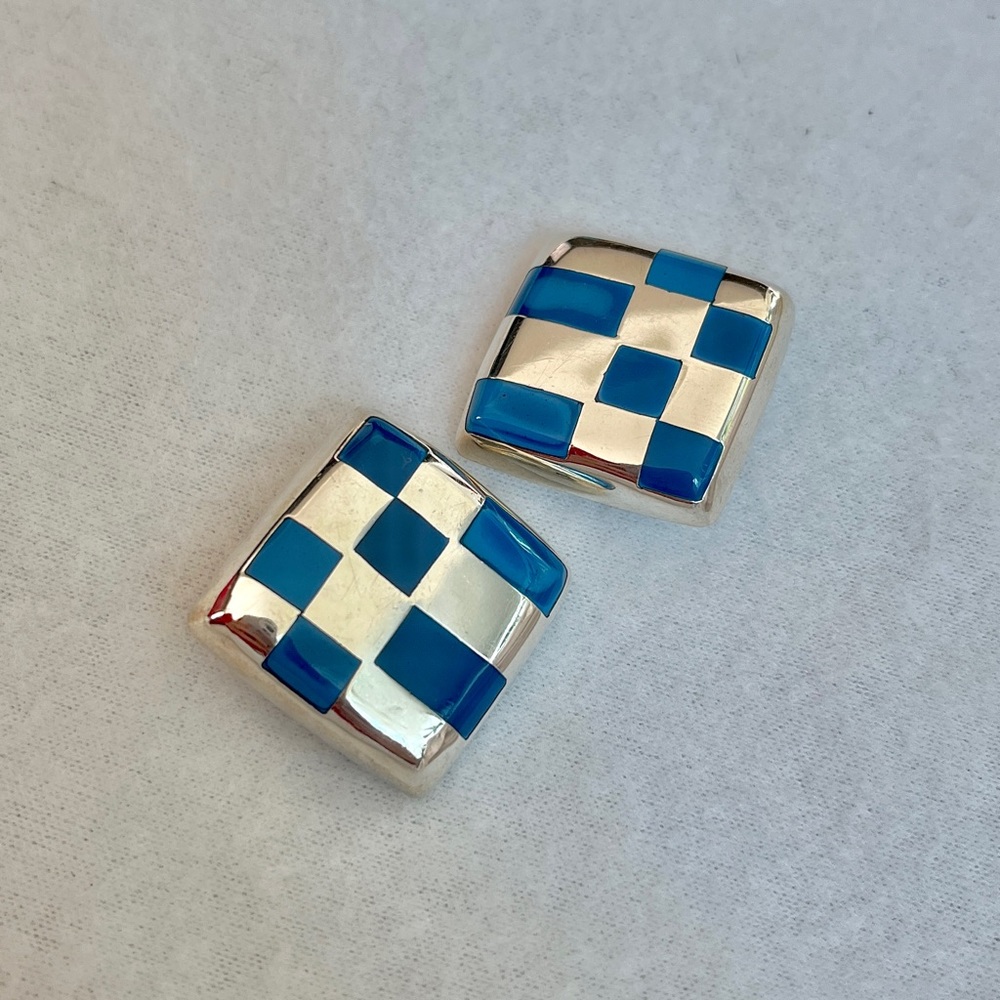 Checkerboard 925 Silver Clip On Earrings Made in Mexico